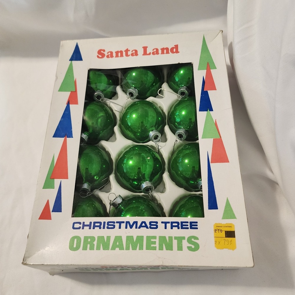 Christmas Tree Ornaments, glass balls, vintage, 12 in box, Santa Land 1972